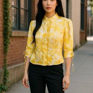 Oscar de la Renta Size 8 Sunlit Yellow Blouse Scrunch Sleeve Ruffle Button Up